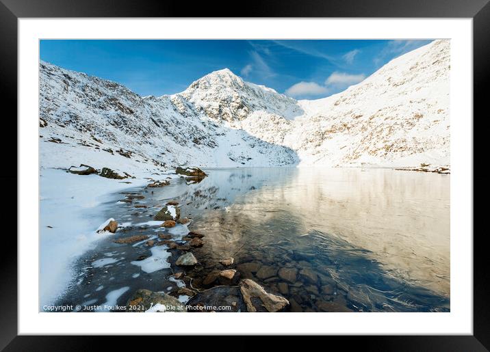 Snowdon, in winter, from Glaslyn, Snowdonia, North Framed Mounted Print by Justin Foulkes