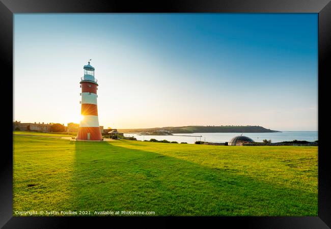 Smeaton's Tower, at sunrise, Plymouth Hoe Framed Print by Justin Foulkes