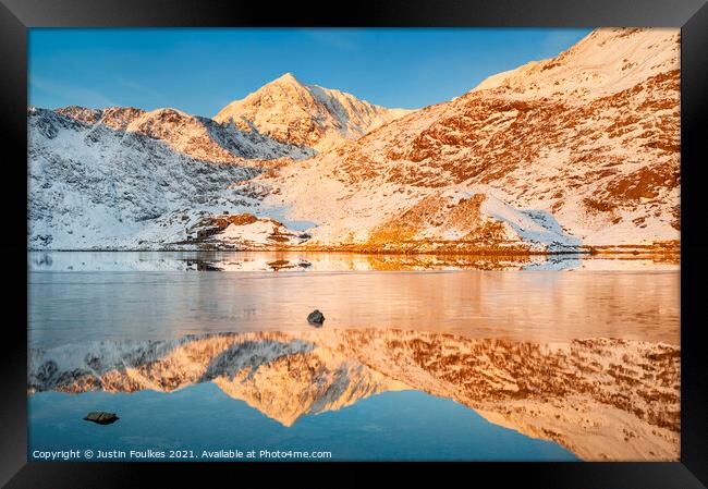 Snowdon and Lyn Lydaw in winter, sunrise, Wales Framed Print by Justin Foulkes