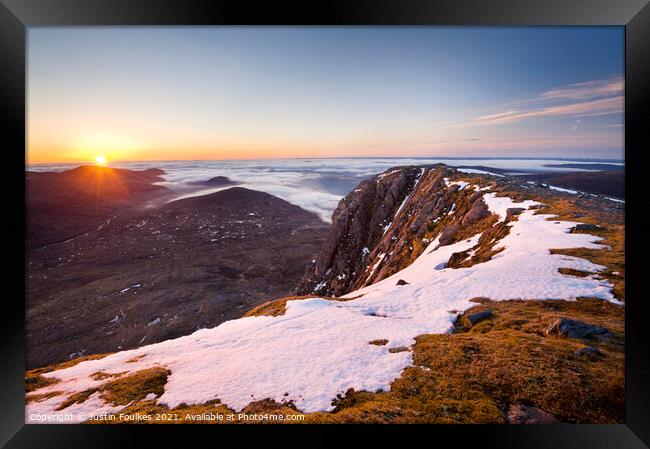 Sunrise over Glen Affric from the summit of Sgurr Na Lapaich, Highland, Scotland Framed Print by Justin Foulkes