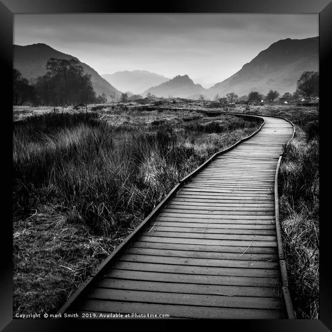 Footpath over Borrowdale marshes  Framed Print by mark Smith