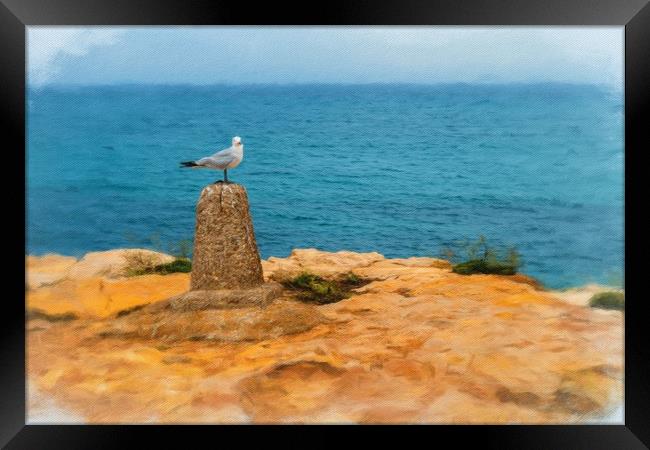 Digital painting of Seagull on Perch Framed Print by Stuart Atton