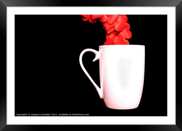 Red hearts come out of a white cup full of love, isolated on bla Framed Mounted Print by Joaquin Corbalan