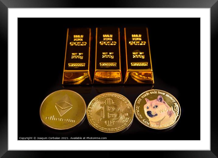 Several cryptocurrencies next to gold bars, the future of defi,  Framed Mounted Print by Joaquin Corbalan