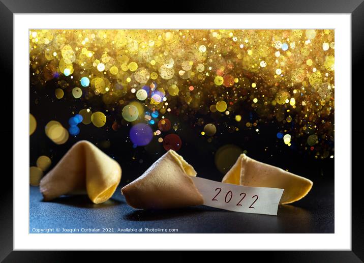 Label congratulating the new year 2022 on a lucky cookie, ideal  Framed Mounted Print by Joaquin Corbalan