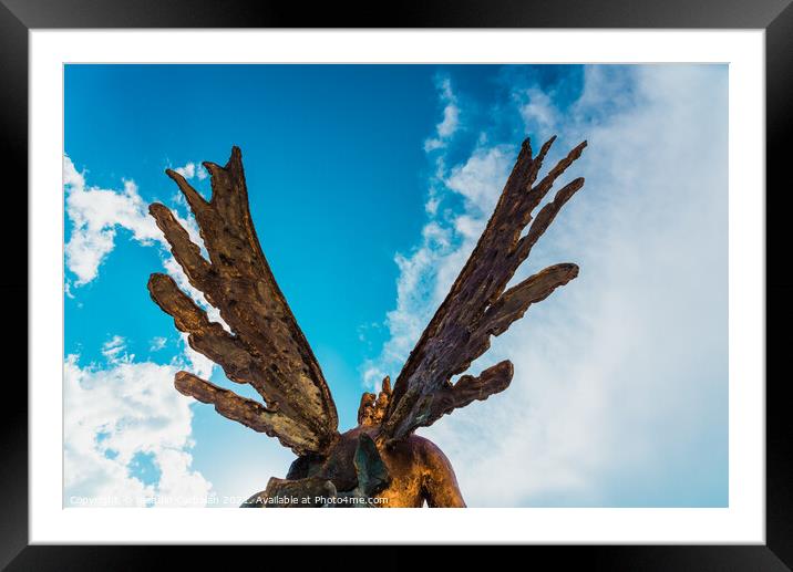 A sculpture of an angel, rear view of its wings against the sky. Framed Mounted Print by Joaquin Corbalan