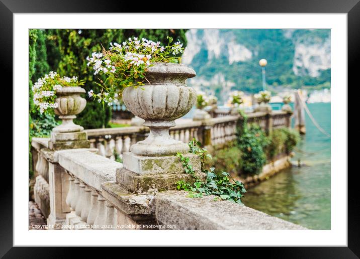 Elegant flower pots decorate the classic stone railing on a roma Framed Mounted Print by Joaquin Corbalan
