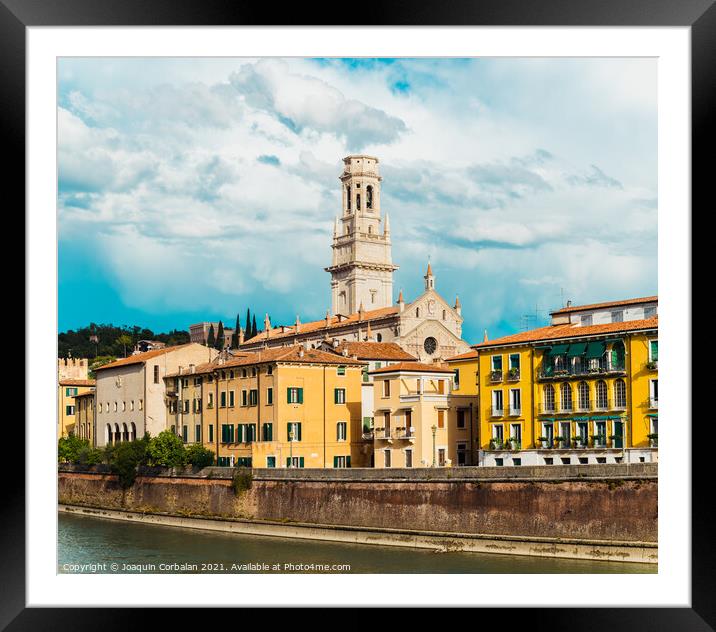 Panoramic of Verona crossed by the river Adige, with the tower o Framed Mounted Print by Joaquin Corbalan