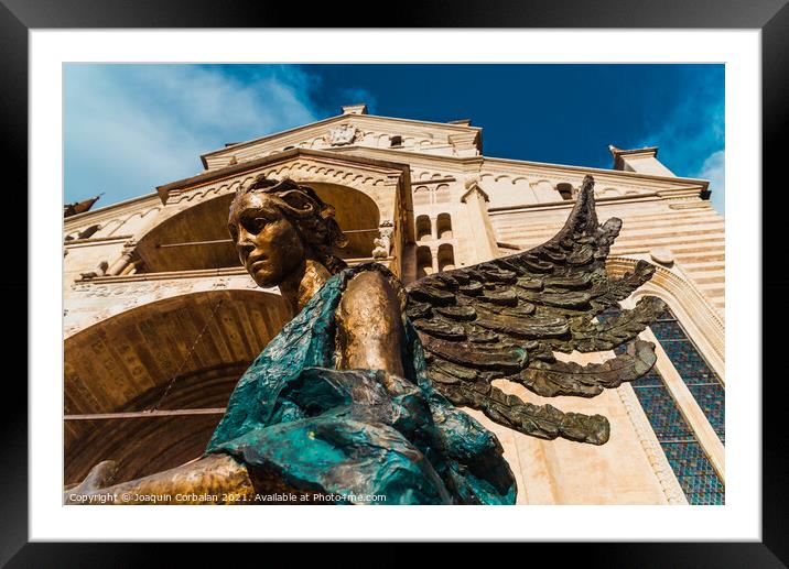 The Blue Angel, sculpture seen from below, at the main entrance  Framed Mounted Print by Joaquin Corbalan