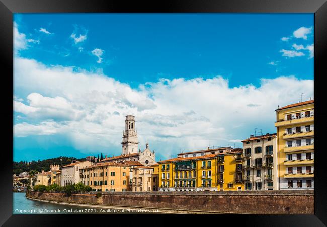 Panoramic of Verona crossed by the river Adige, with the tower o Framed Print by Joaquin Corbalan