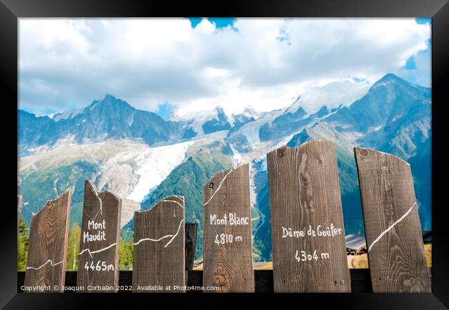 Tourist view with tables with the profile of the French Montblan Framed Print by Joaquin Corbalan