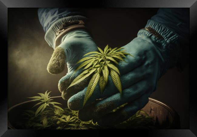 A grower carefully collects cannabis leaves between his hands to Framed Print by Joaquin Corbalan