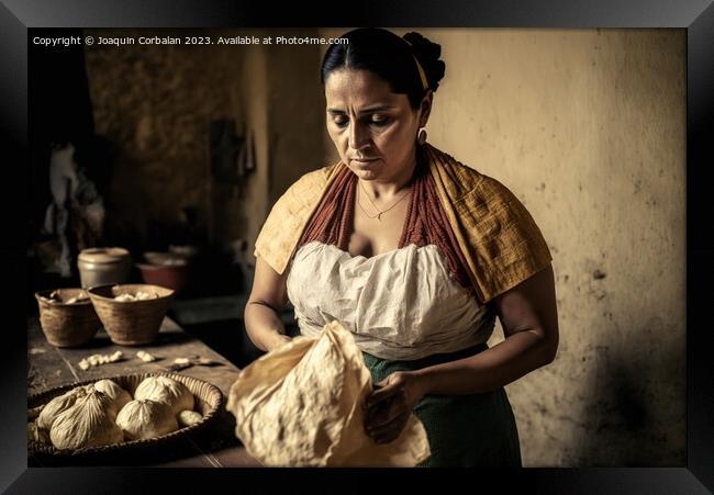 Latin woman prepares with natural ingredients hall Framed Print by Joaquin Corbalan