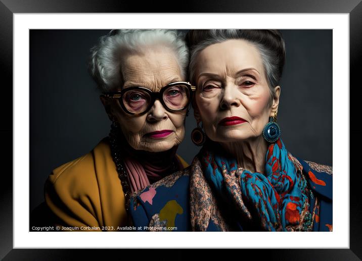 Studio portrait of two elderly sister ladies with  Framed Mounted Print by Joaquin Corbalan