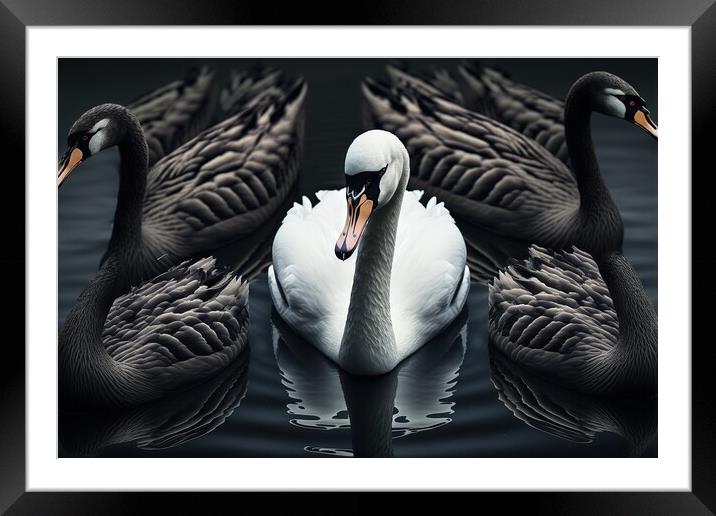 Illustration of a white swan with black ones, conc Framed Mounted Print by Joaquin Corbalan