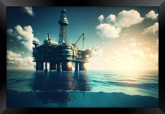 Illustration of obsolete offshore oil platform, conceptual drawi Framed Print by Joaquin Corbalan