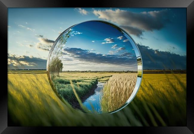 Conceptual image of a mirror reflecting crops in a cereal field  Framed Print by Joaquin Corbalan