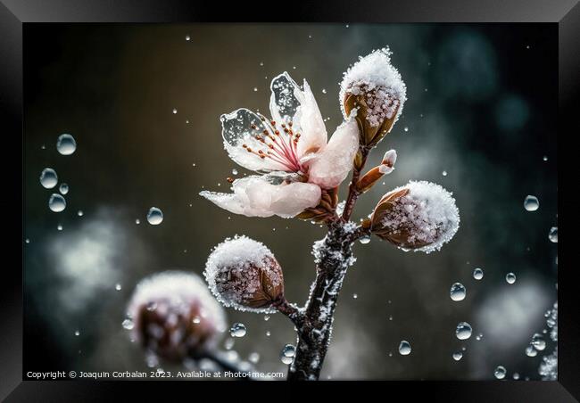 Snowflakes and ice cover the first buds of fruit-b Framed Print by Joaquin Corbalan