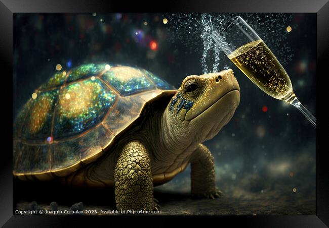 A cute turtle tries to drink champagne from a glas Framed Print by Joaquin Corbalan