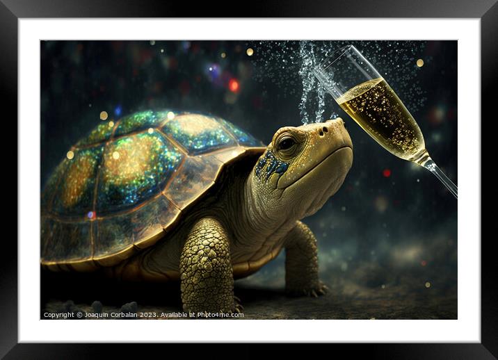 A cute turtle tries to drink champagne from a glas Framed Mounted Print by Joaquin Corbalan