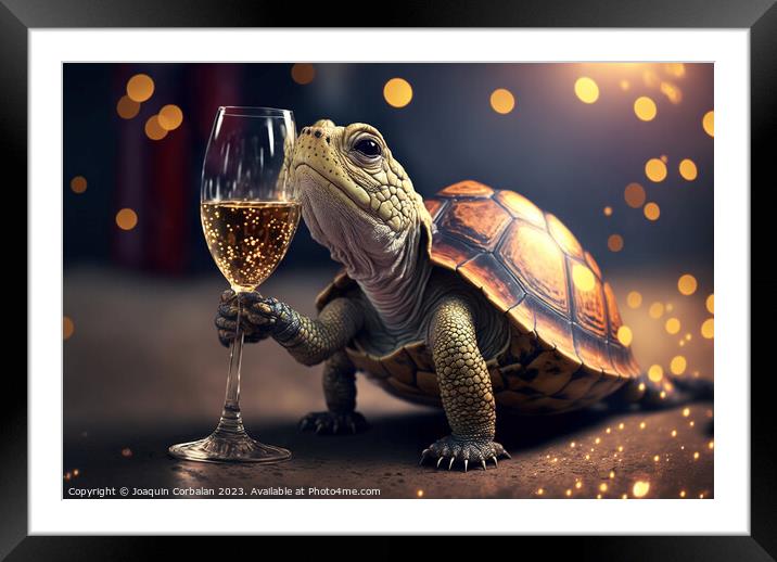 A cute turtle tries to drink champagne from a glas Framed Mounted Print by Joaquin Corbalan