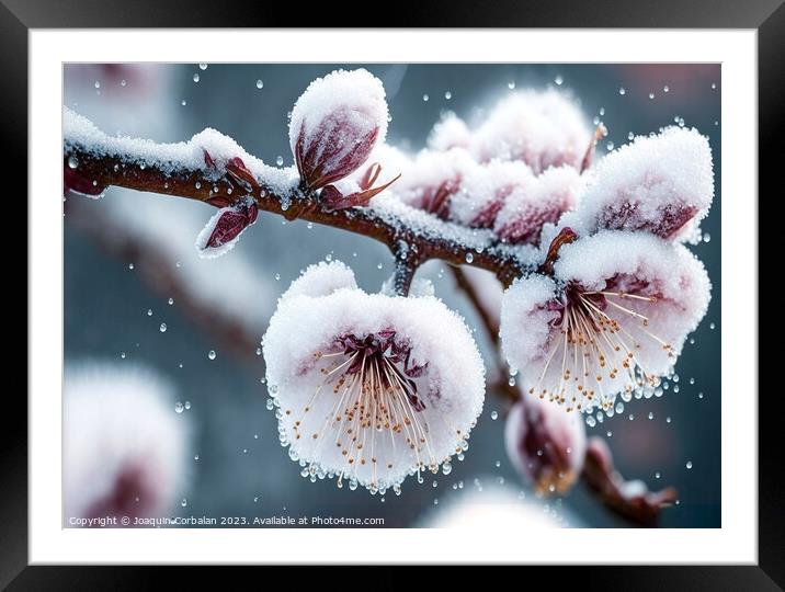 Snowflakes and ice cover the first buds of fruit-b Framed Mounted Print by Joaquin Corbalan