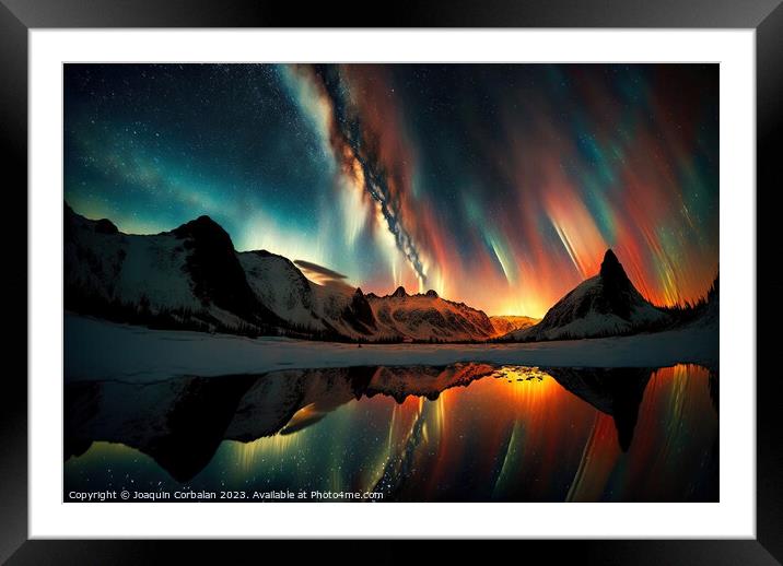 Aurora borealis, illustration, over a Nordic forest. Ai generate Framed Mounted Print by Joaquin Corbalan