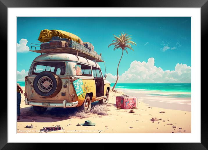 Drawing of an abandoned hippie passenger van on th Framed Mounted Print by Joaquin Corbalan