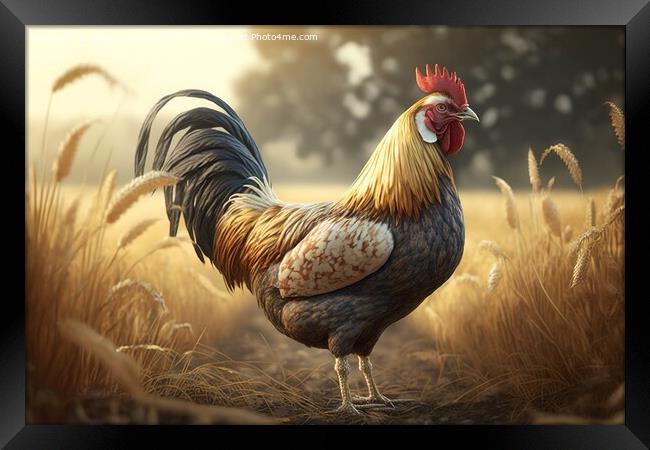 Illustration of a free colorful rooster by the field .Ai generat Framed Print by Joaquin Corbalan