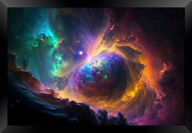 Galactic nebula in space, brightly colored clouds, dramatic spac Framed Print by Joaquin Corbalan