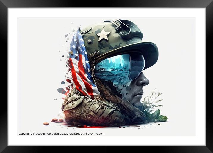 Illustration of an American soldier wearing a helmet, patriotic  Framed Mounted Print by Joaquin Corbalan