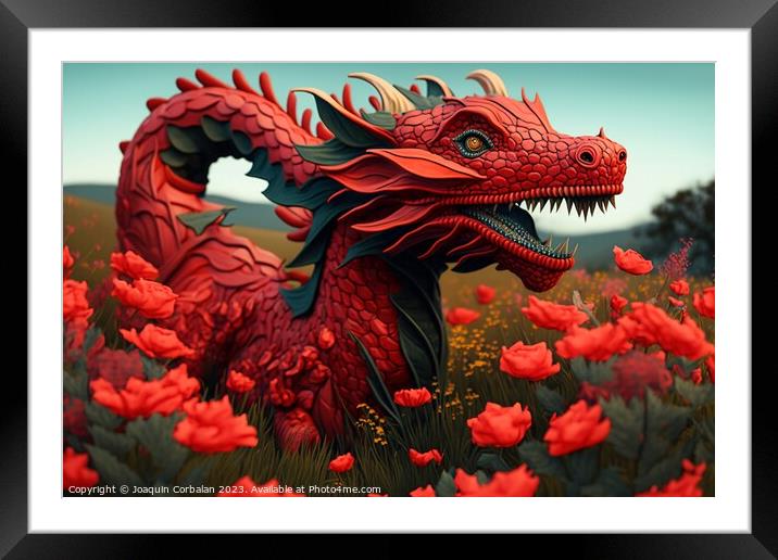 A beautiful Chinese dragon, red, made of wood, among the branche Framed Mounted Print by Joaquin Corbalan
