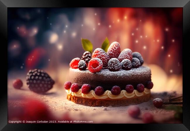 Delicious fruit and cream cake, on a background with defocused r Framed Print by Joaquin Corbalan