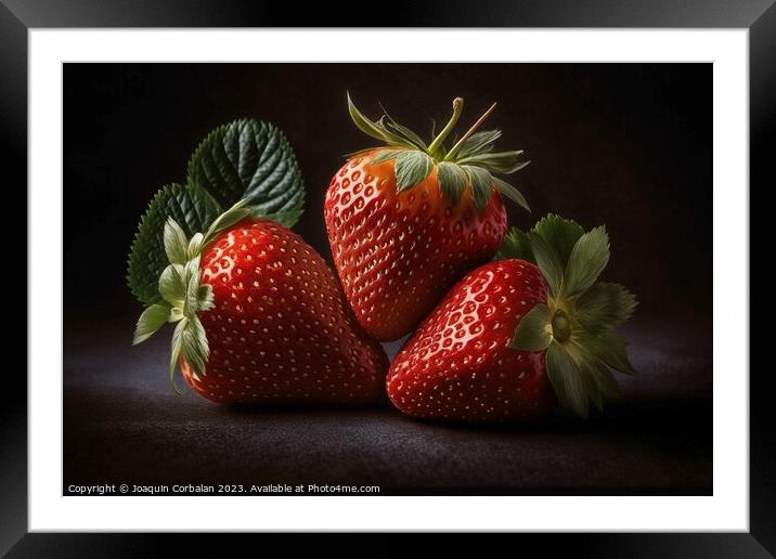A vibrant red strawberry stands out against a black background,  Framed Mounted Print by Joaquin Corbalan