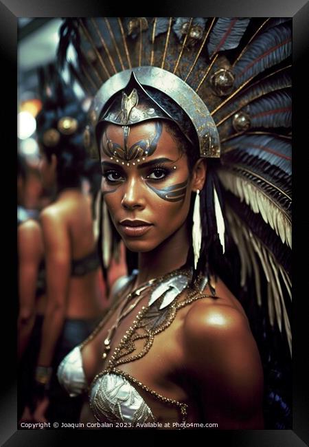 A young Brazilian woman is elegantly dressed for Carnaval, adorn Framed Print by Joaquin Corbalan