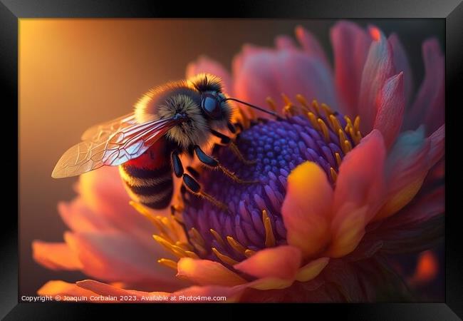 A beautiful honey bee is backlit by a stunning sunset, the color Framed Print by Joaquin Corbalan