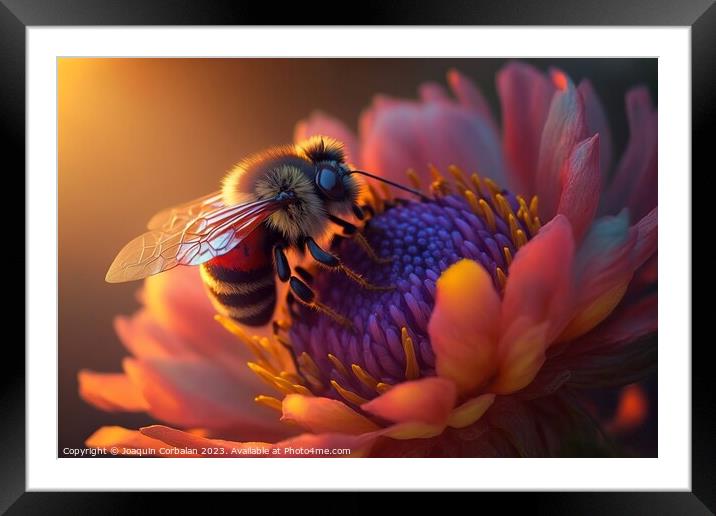 A beautiful honey bee is backlit by a stunning sunset, the color Framed Mounted Print by Joaquin Corbalan