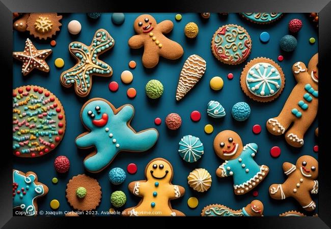 Background with variety of colorful gingerbread cookies. Ai gene Framed Print by Joaquin Corbalan