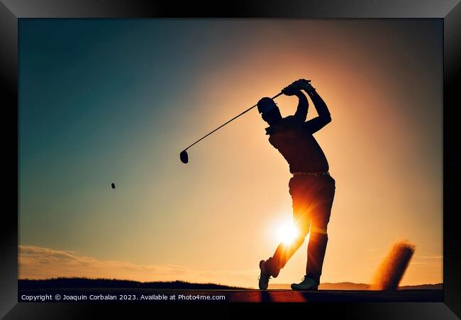 Silhouette of retired man playing golf at sunset.Ai generated. Framed Print by Joaquin Corbalan