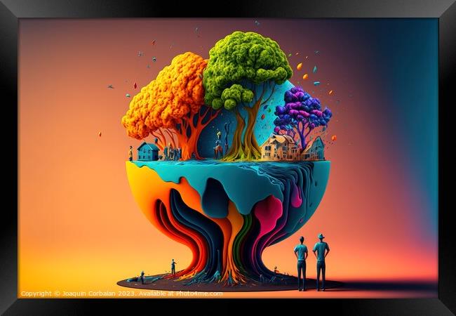 Colorful imaginary abstract worlds, sustainability concept on a  Framed Print by Joaquin Corbalan