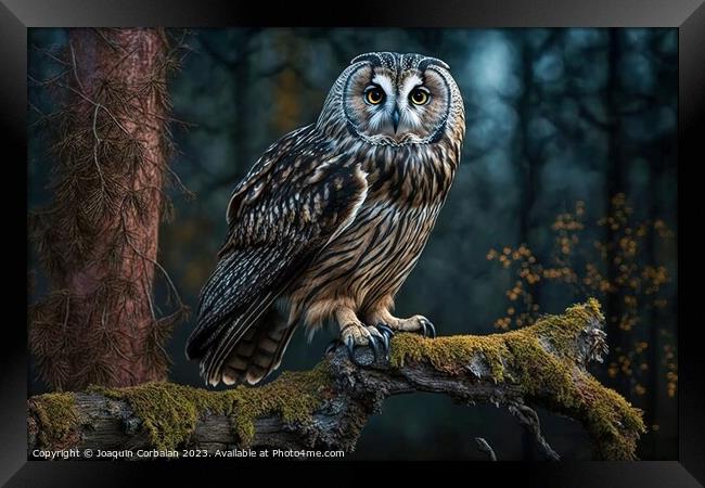 A majestic owl on a branch in a forest. Ai generat Framed Print by Joaquin Corbalan