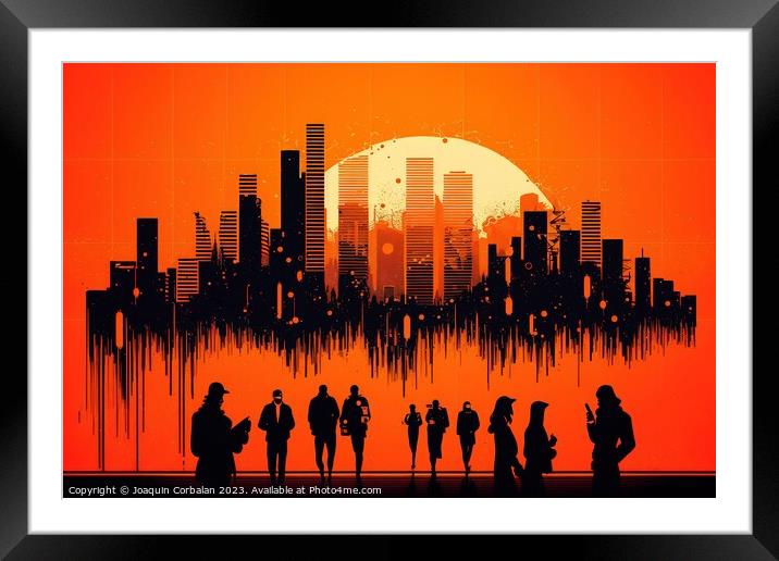 Futuristic illustration, book cover, of group of people, red bac Framed Mounted Print by Joaquin Corbalan