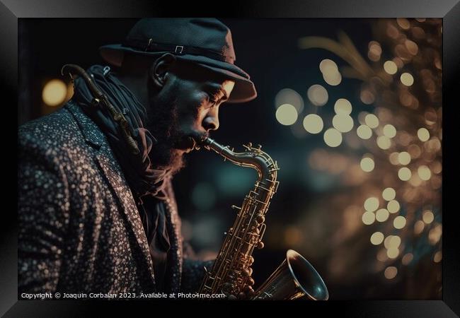A black man plays a saxophone one night during a concert. Ai gen Framed Print by Joaquin Corbalan