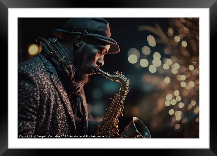 A black man plays a saxophone one night during a concert. Ai gen Framed Mounted Print by Joaquin Corbalan