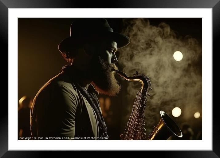 A black man plays a saxophone one night during a concert. Ai gen Framed Mounted Print by Joaquin Corbalan