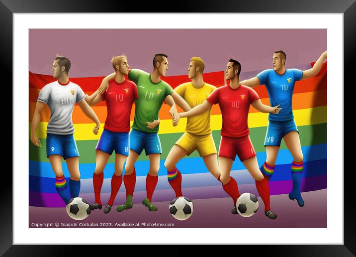 Illustration with soccer players and the lgtbi rainbow flag to c Framed Mounted Print by Joaquin Corbalan