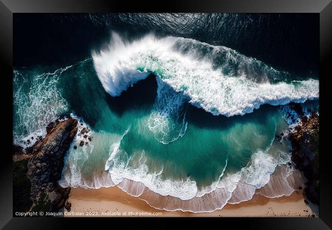Aerial view of the beach waves hitting the sand. Ai generated. Framed Print by Joaquin Corbalan