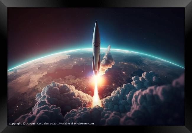 Launch of a supersonic missile reaching the atmosphere. Ai gener Framed Print by Joaquin Corbalan