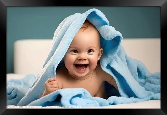 Happy baby laughs after his bath. AI generated. Framed Print by Joaquin Corbalan