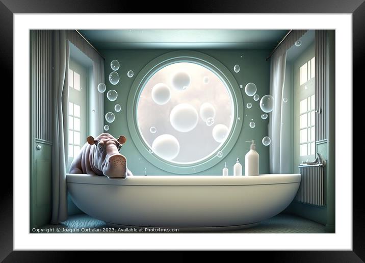 Illustration of a cute hippopotamus taking a bath in a modern ho Framed Mounted Print by Joaquin Corbalan
